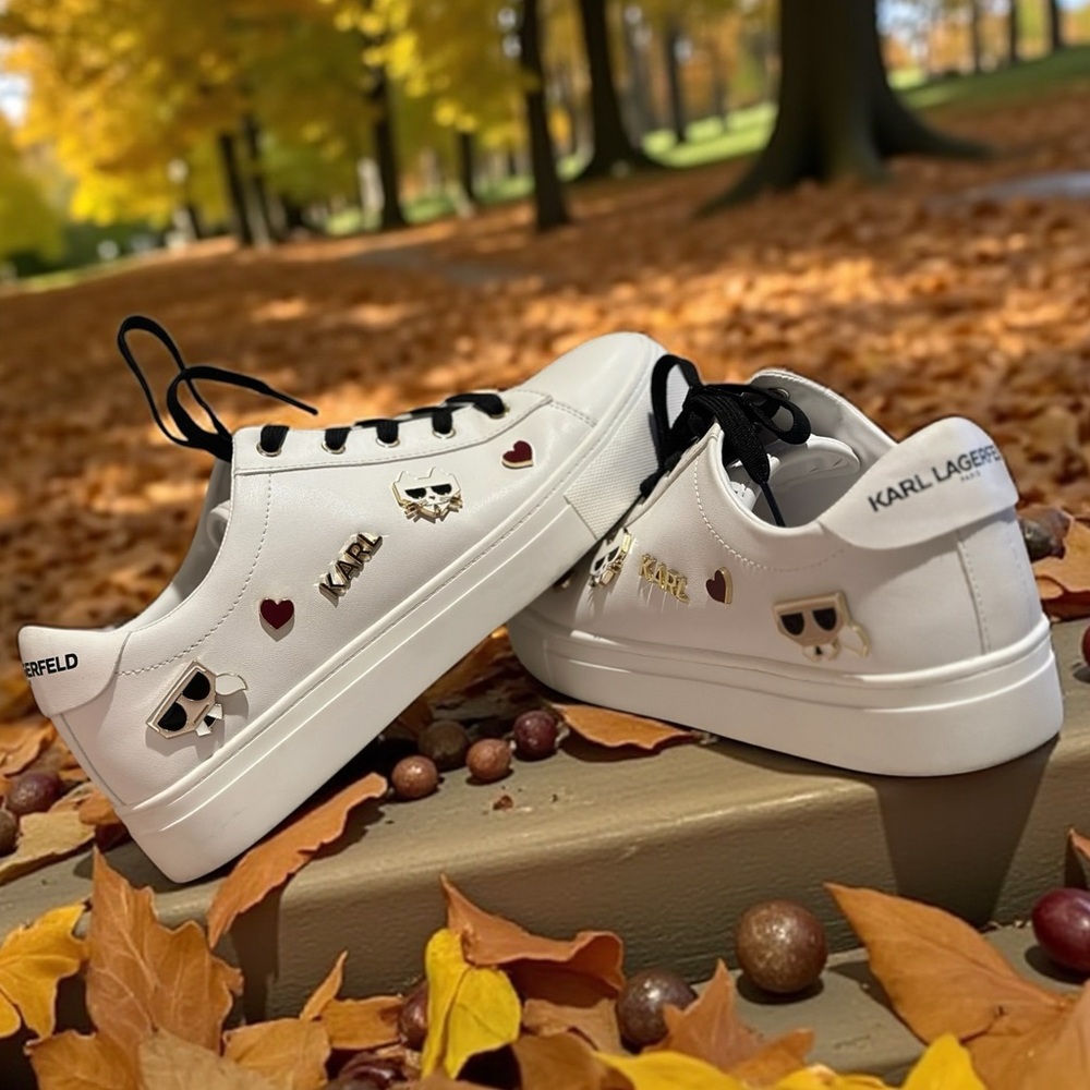 Karl Lagerfeld 9.5 pinned Cambie Women’s Sneakers White Logo low top